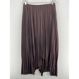 ZARA Skirt L Pleated Asymmetric Hem Elastic Waist Midi Swing Lined Brown